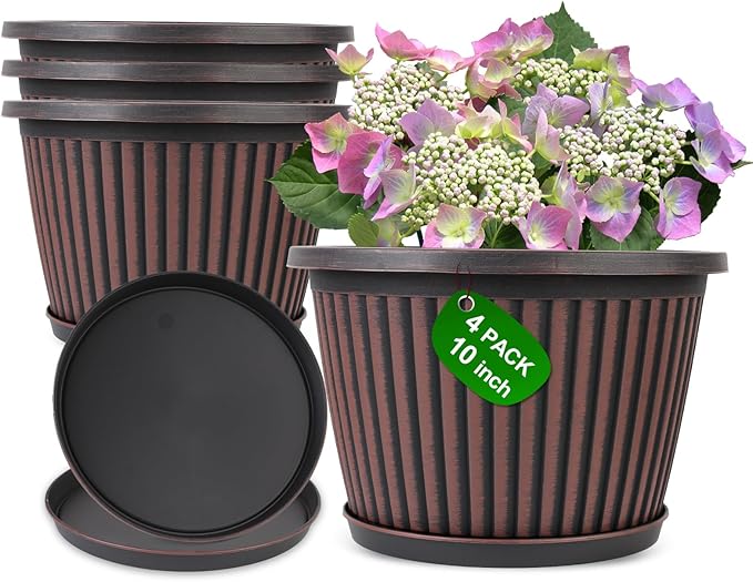 Planter-Pots-for-Plants-Indoor-Outdoor, 4 Pack 10 Inch Plastic Flower Pots by Myfeegoin