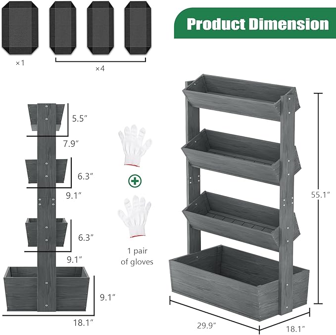 SUNYRISY 4 Tiers Vertical Raised Garden Bed Outdoor Planter Tower, Wooden - Image 3