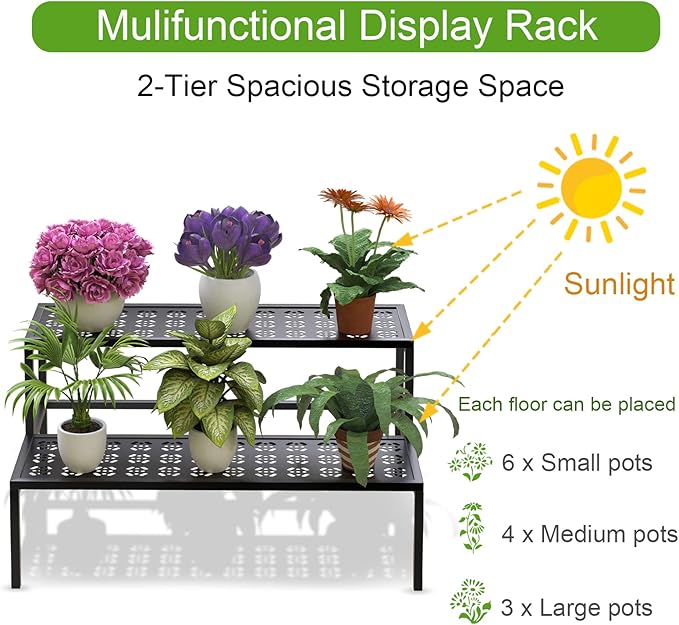 Metal Plant Stand Metal 2 Tier Potted Multiple Flower Pot Holder Plant Shelf - Image 2