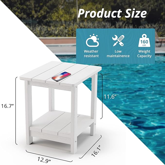 LUE BONA Adirondack Outdoor Side Table, 2-Tier White HDPS Patio End Table - Image 3
