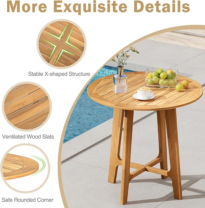 Tangkula 31.5" Round Patio Dining Table, Teak Wood Outdoor Dining Table - Image 6