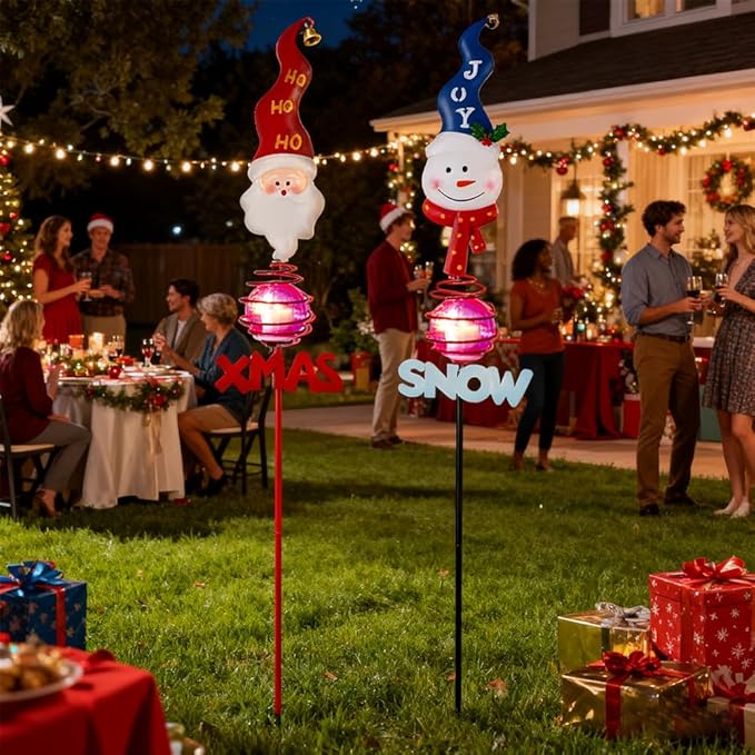 Christmas Solar Garden Stake Lights, 2 Pack Snowman＆Santa Claus Xmas Pathways - Image 2