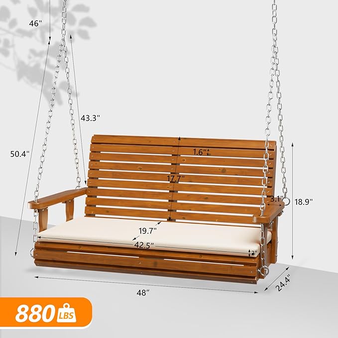 VINGLI Outdoor 4 FT Porch Swing, Heavy Duty 880 LBS Wooden Patio Swings - Image 5