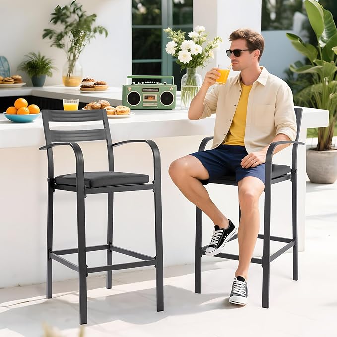 VINGLI Outdoor Bar Stools Set of 2, All-Weather Bar Height Aluminum Stools - Image 2