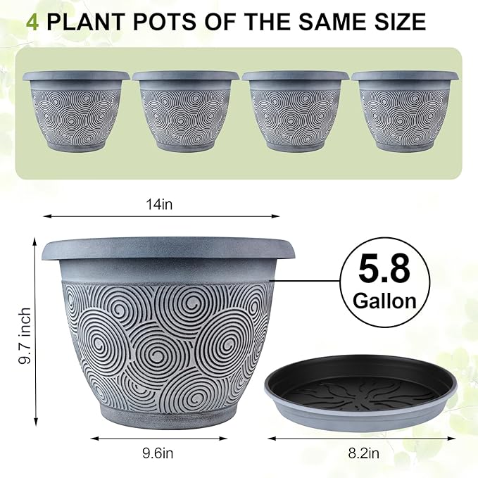 14 Inch Large Planter Pot for Plants Indoor Outdoor, 4 Pack Plastic Flower Pots - Image 4
