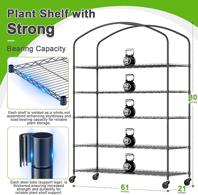 Abimars 5-Tier Greenhouse with Grow Light, Shelf Height Adjustable Metal Plant - Image 2