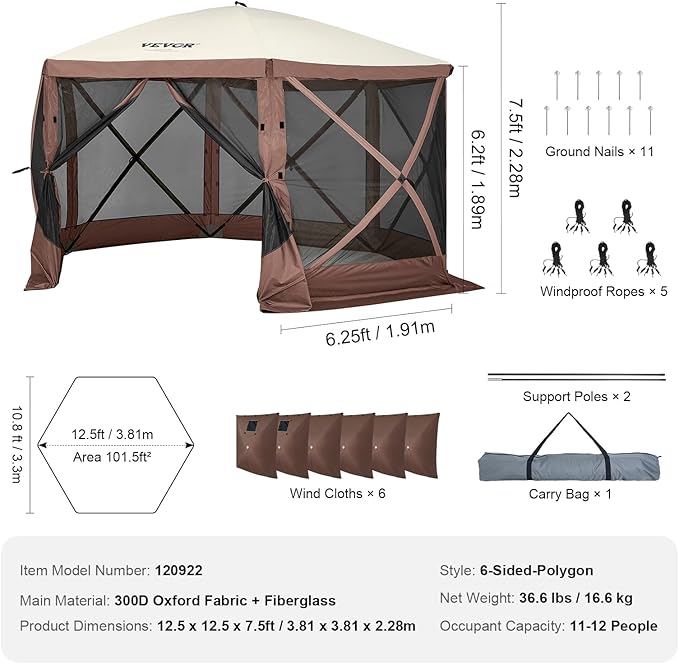 VEVOR Pop Up Gazebo Screen Tent 6 Sided Canopy Sun Shelter - Image 8