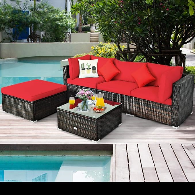 Tangkula 5 Pieces Patio Rattan Furniture Set, Outdoor Sectional Rattan Sofa Set - Image 8