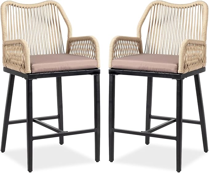 VINGLI Outdoor Counter Height Bar Stools Set of 2, Rattan Outdoor Barstools by VINGLI
