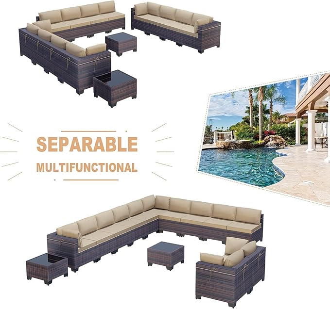 Kullavik 14 Pieces Outdoor Patio Furniture Set PE Wicker Rattan Sectional Sofa - Image 5