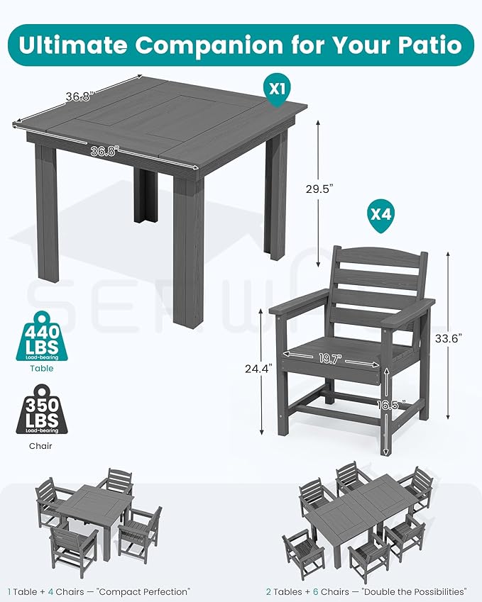 SERWALL Outdoor Dining Set for 4, HDPE Square Table and Chairs Set All Weather - Image 2