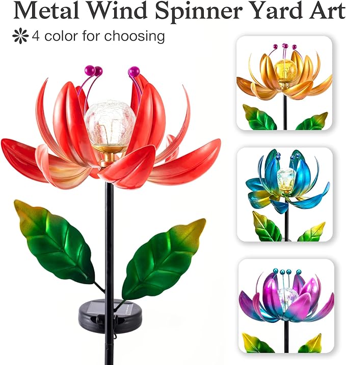 Solar Lights Outdoor Wind Spinners, Metal Lotus Flower Garden Decor - Image 3