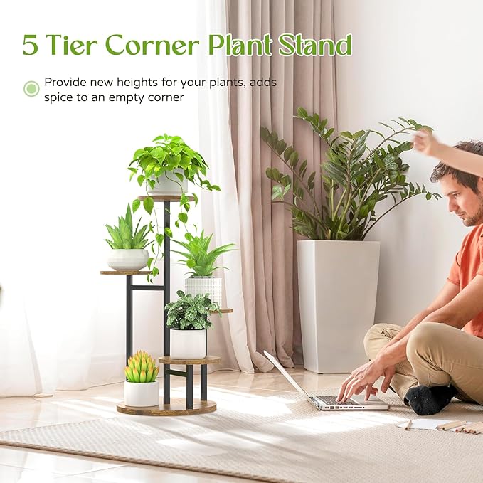 5 Tier Plant Stand Indoor, Metal Wood Flower Holder, Heavy Duty Tall Round - Image 3