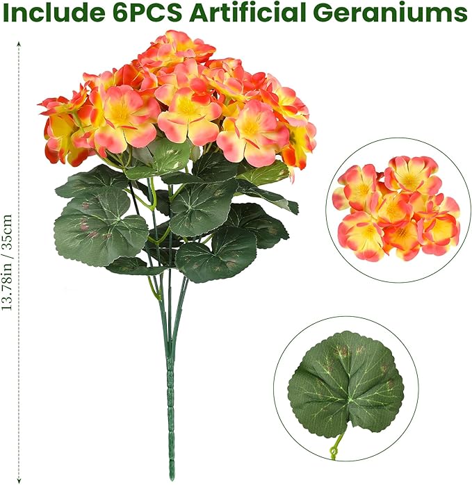 Artificial Fall Flowers for Outdoors, 6 Bundles Realistic Silk Fake Geraniums - Image 2
