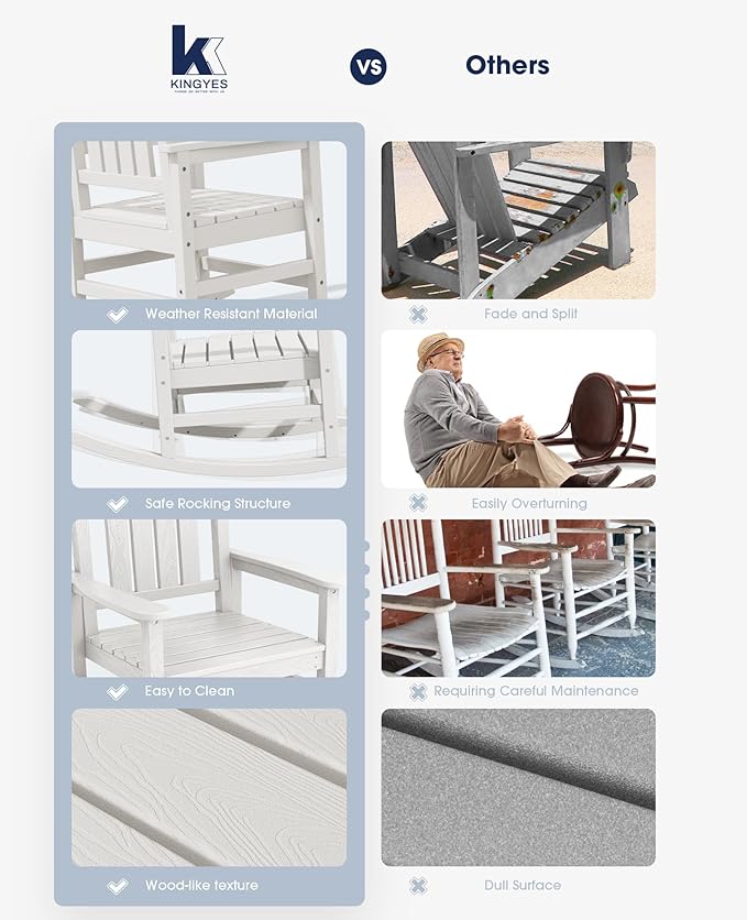 KINGYES HDPE Outdoor Rocking Chair, Widened Seat Patio Rocking Chair, Oversized - Image 7