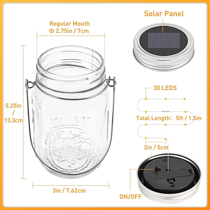 GIGALUMI Solar Mason Jar Lights, 12 Pack 30 Led String Fairy Lights Garden - Image 2