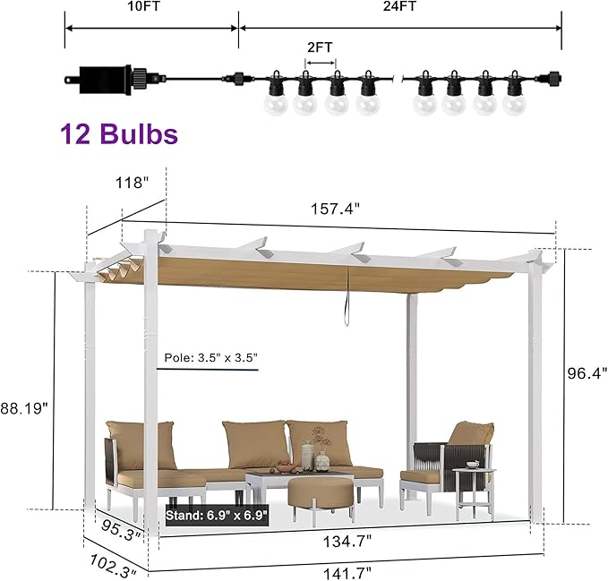 PURPLE LEAF 10' x 13' Outdoor Aluminum Pergola White Heavy-Duty Retractable - Image 6