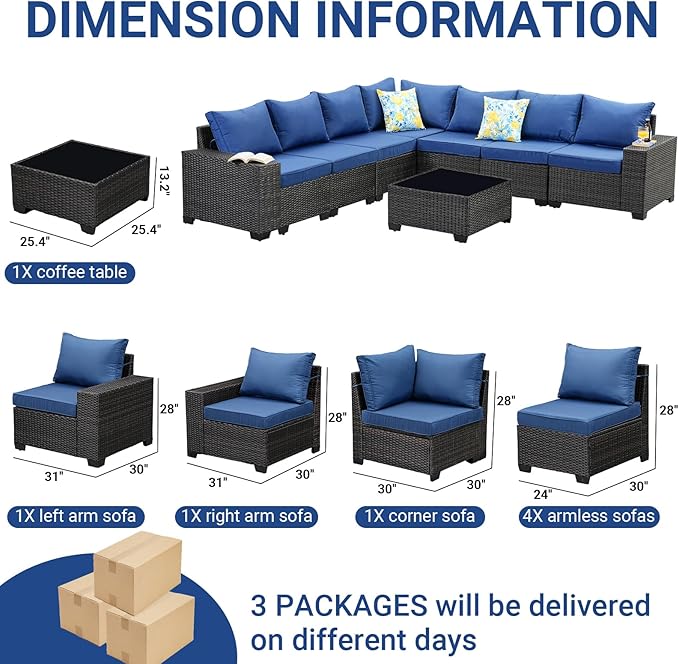 Jing's Villa 8-Piece Patio Furniture Set, All-Weather Outdoor Wicker Sectional - Image 7