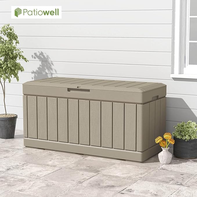 Patiowell 82 Gallon Resin Deck Box, Waterproof Large Wood Look Storage Box - Image 8