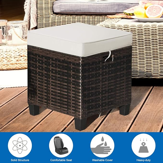Tangkula 2 Pieces Outdoor Patio Ottoman, All Weather Rattan Wicker Ottoman Seat - Image 9