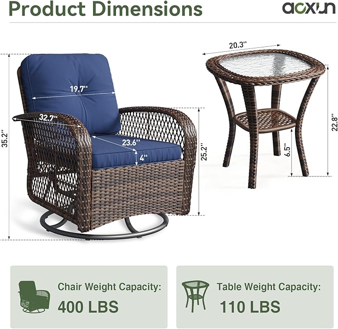 Aoxun 3 Pieces Patio Furniture Set, Patio Swivel Rocker Chairs Set of 2 - Image 7