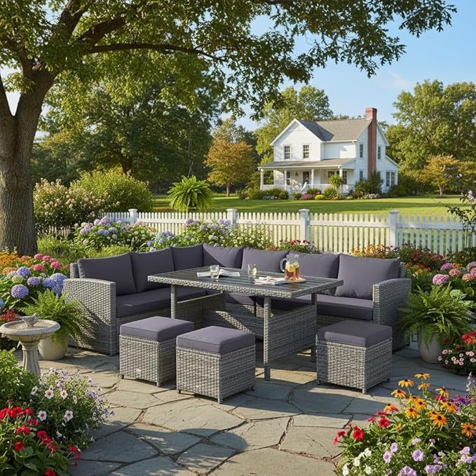 Tangkula 7 Pieces Patio Furniture Set, Outdoor Sectional Rattan Dining Sofa Set - Image 3