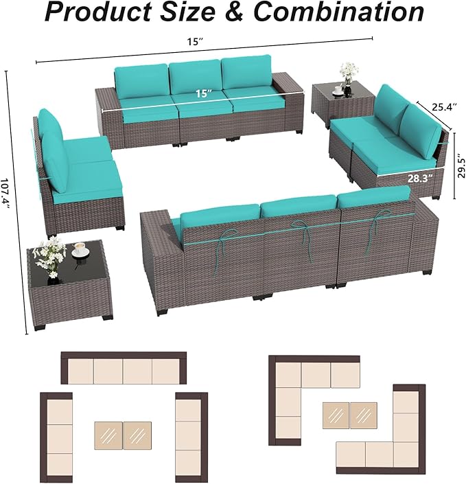 ALAULM 12 Pieces Outdoor Patio Furniture Set Sectional Sofa Sets Brown PE - Image 6