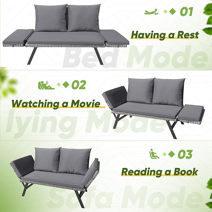 Greesum Outdoor Sofa, Woven Rattan Patio Furniture, Convertible Daybed or - Image 5