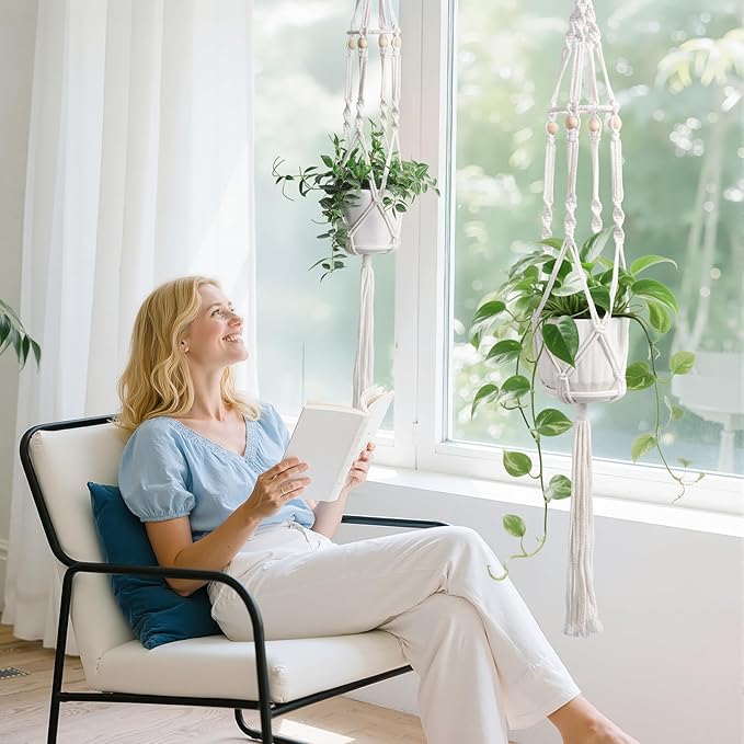 Macrame Plant Hanger with Grow Light: 2 Pack Sturdy Hanging Planters - Image 2