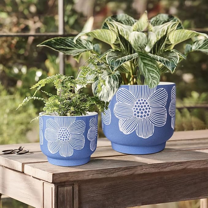YBX 8 Inch + 6 Inch White Flower Pattern Plant Pots, Sand Glazed Ceramic Planter - Image 3