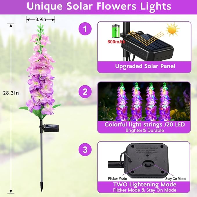 Solar Garden Lights, Solar Purple Delphinium Flowers Lights 4 Pack 80 LEDs - Image 2