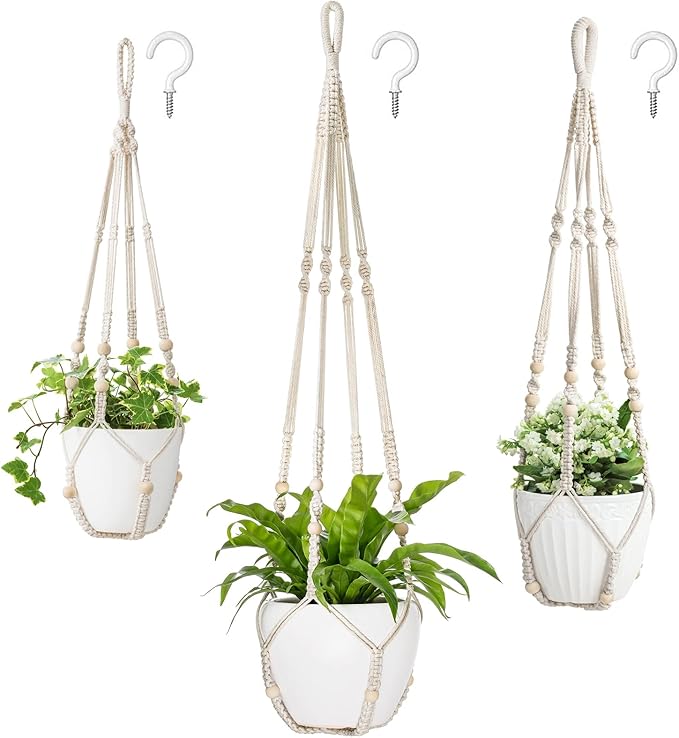 Mkono 3 Pack Macrame Plant Hangers Indoor Different Size Hanging Planter Basket by Mkono