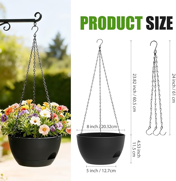 8 Inch Hanging Planters for Indoor Outdoor Plants, 4 Pack Black Plastic Self - Image 4
