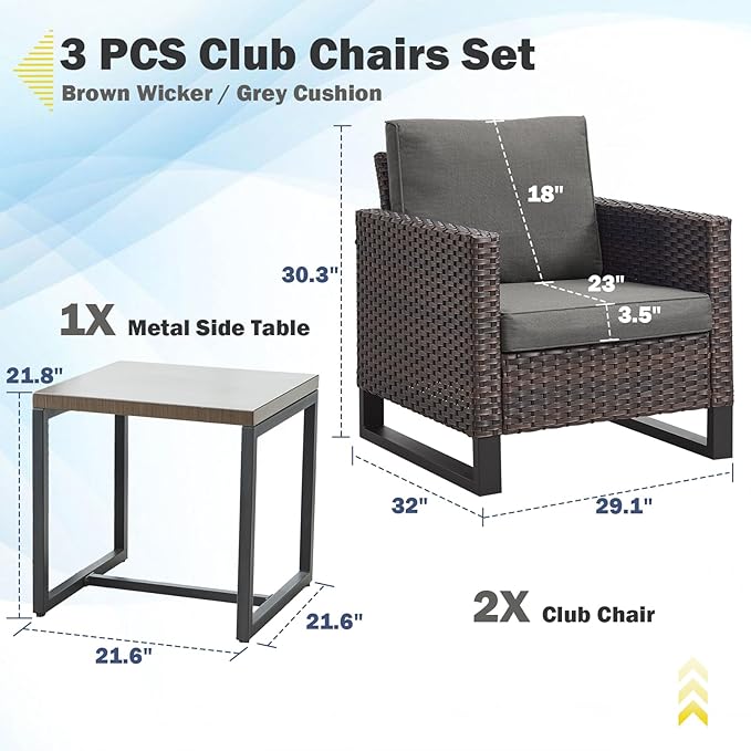 Belord Outdoor Bistro Set 3 Piece Wicker Patio Chairs, Oversize Rattan Seating - Image 2