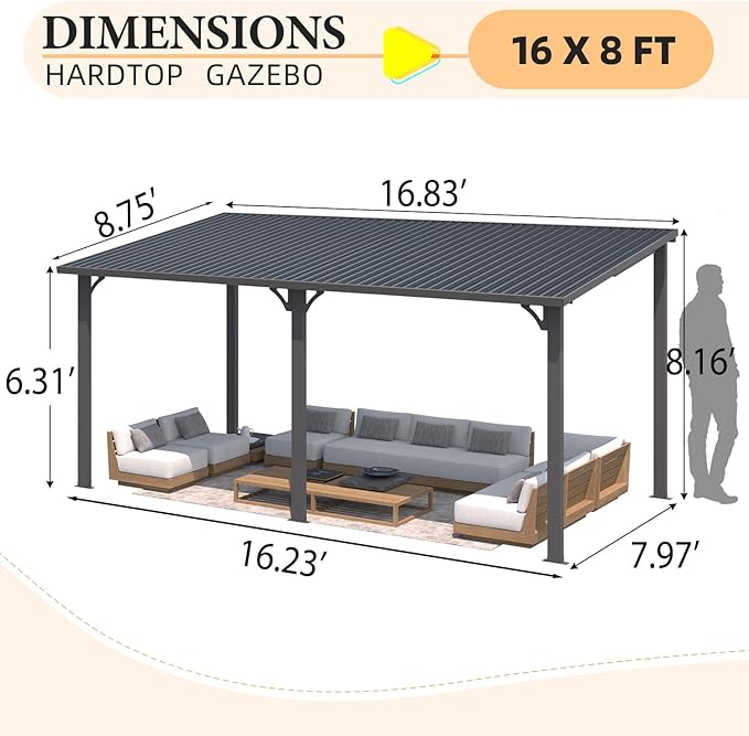 AECOJOY 8' x 16' Outdoor Hardtop Metal Gazebo - Image 7