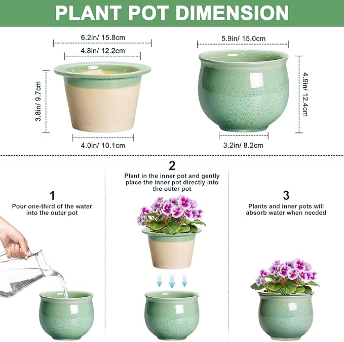 Ceramic Self Watering Pots, 6 Inch African Violet Pots - Image 2