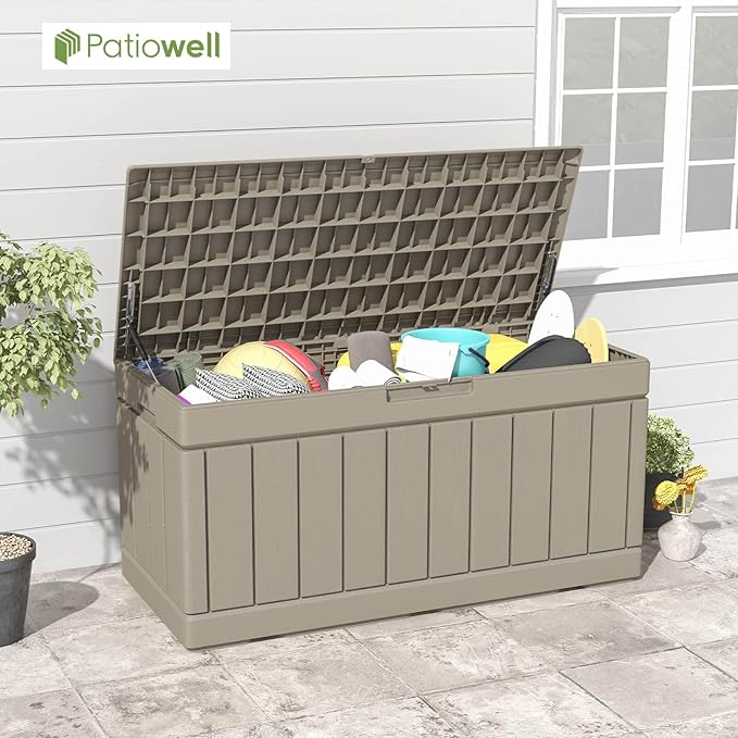Patiowell 82 Gallon Resin Deck Box, Waterproof Large Wood Look Storage Box - Image 2