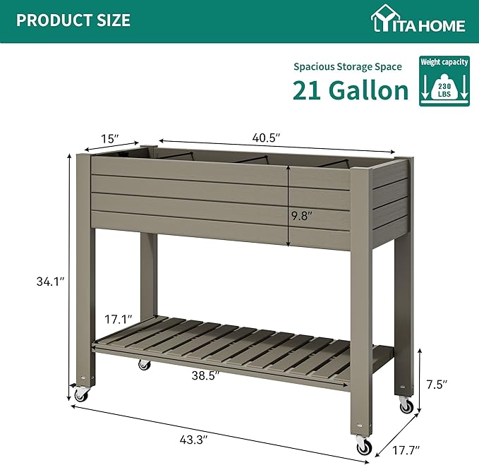 YITAHOME 43.3x17.7x34 in Elevated Garden Bed, Outdoor Plastic Planter Box - Image 6