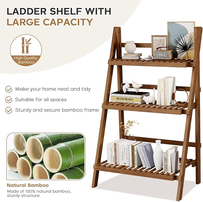 39.4" Bamboo Ladder Shelf Plant Shelf, 3 Tier Foldable Ladder Flower Pot - Image 3
