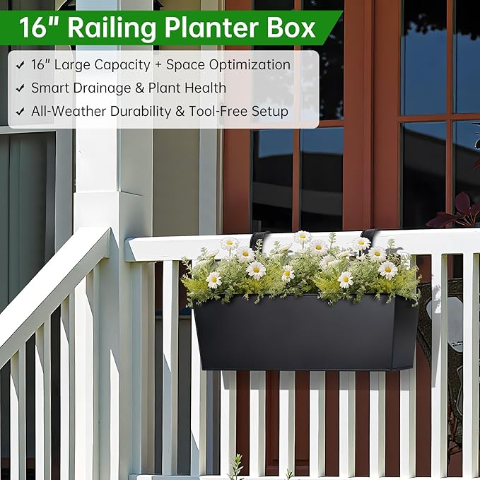 OGIMA 16-Inch Railing Planter Box, 3 Pack Large Hanging Planters - Image 2