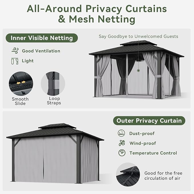 Aoxun 10'x12' Hardtop Gazebo, Aluminum Frame Canopy - Image 3