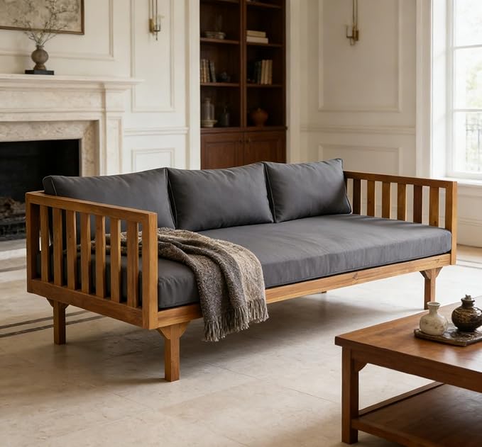 Merax Solid Acacia Wood Couch Chaise Lounge Chair Indoor, 3 Seater Daybed Sofa - Image 4