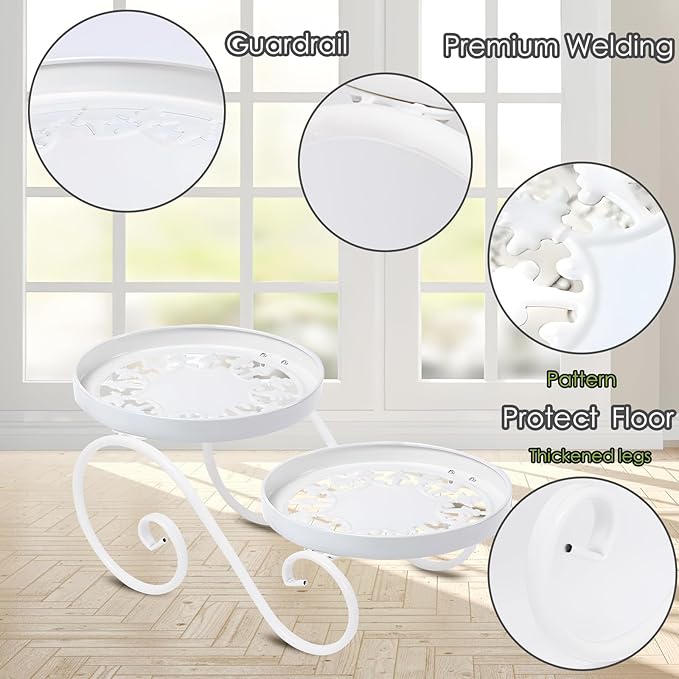 2 Tier White Plant Stand, Metal Flower Stand Indoor Outdoor, Anti-Rust Iron - Image 3