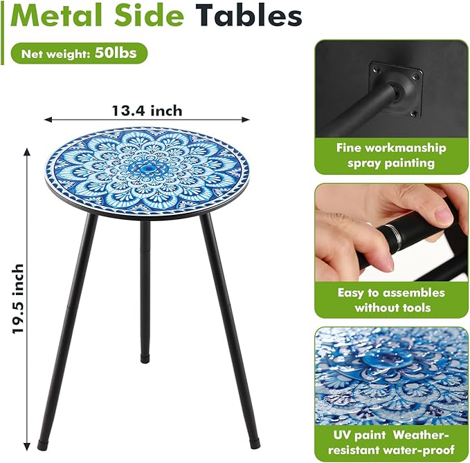 2 Packs Metal Mosaic Round Side Tables 13.4" Small Outdoor Patio Round Accent - Image 3