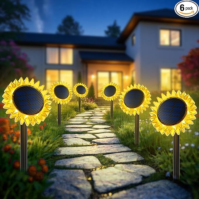 Outdoor Solar Lights, 6 Pack Led Solar Sunflower Lights, Stake/Wall 2-in-1 by GIUNN