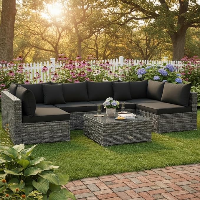 Tangkula 7 Pieces Patio Rattan Furniture Set, Patiojoy Outdoor Conversation Set - Image 2