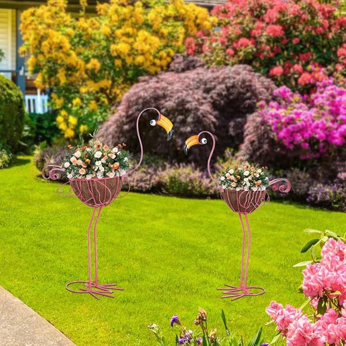 hogardeck Garden Decor for Outside, Metal Standing Flamingo Plant Pots Yard Art - Image 7
