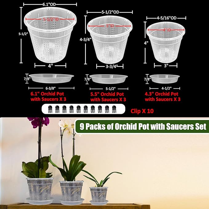 Orchid Pot with Saucers, 3 Each of 4.3", 6.1" Orchid Pots with Holes, 9 Pack - Image 7