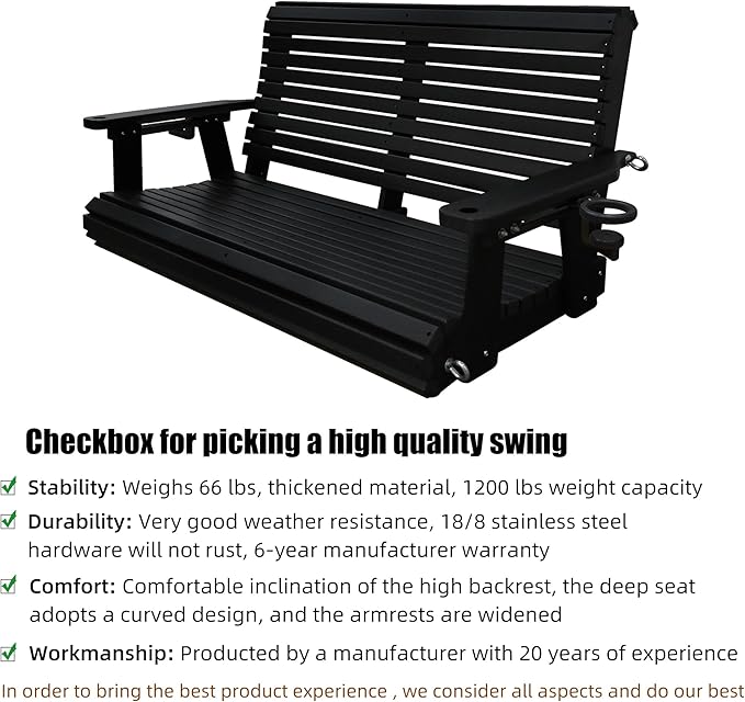 HDPE Porch Swing with 18/8 Stainless Steel Bolts, Ergonomic Design, Ultra - Image 3