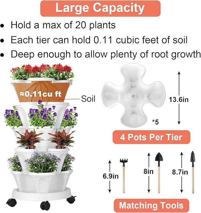 GameXcel Vertical Planter 5 Tier Stackable Planters Garden Planters Strawberry - Image 2